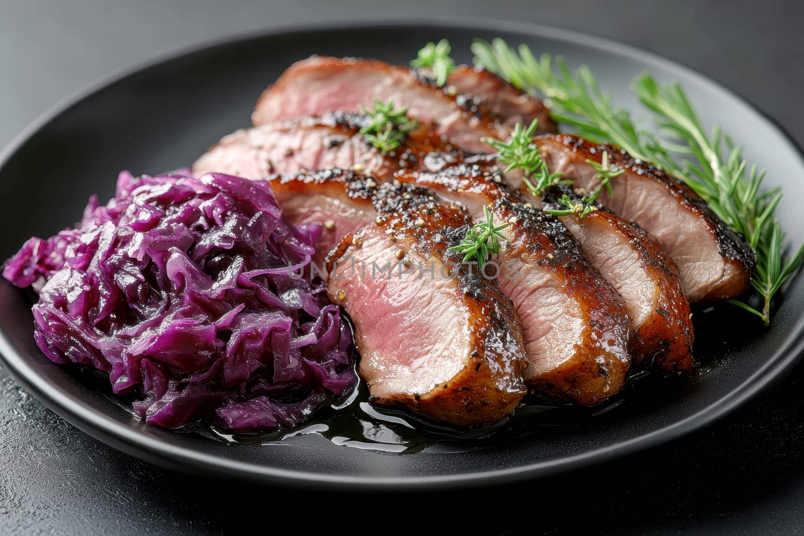 Duck fillet,red cabbage and apple mousse. AI generative.