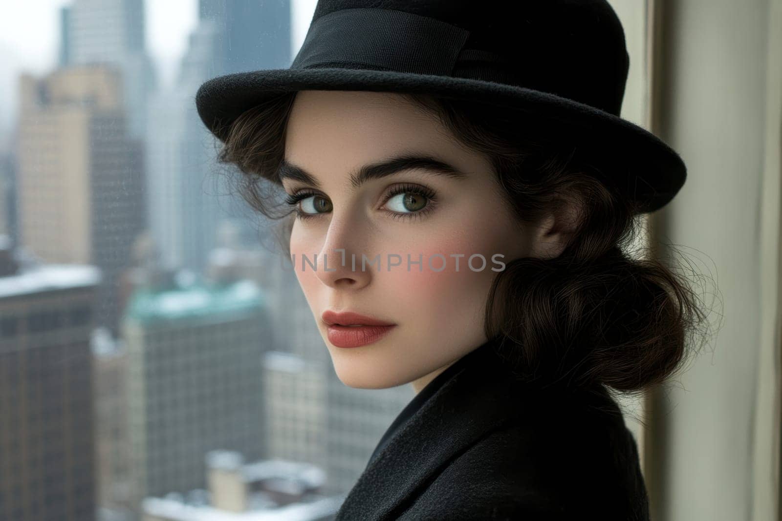 Photographs of women styled in the 1940s-50s taken on the streets of American cities. AI generative.