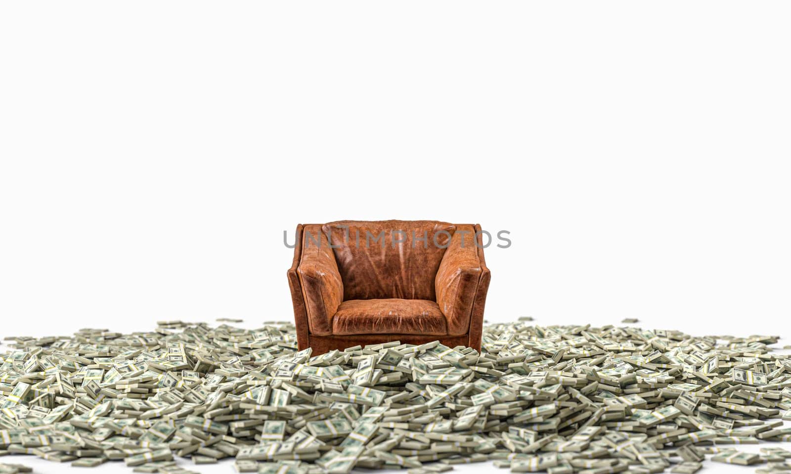 Brown leather armchair pile of dollar bills concept of wealth 3d