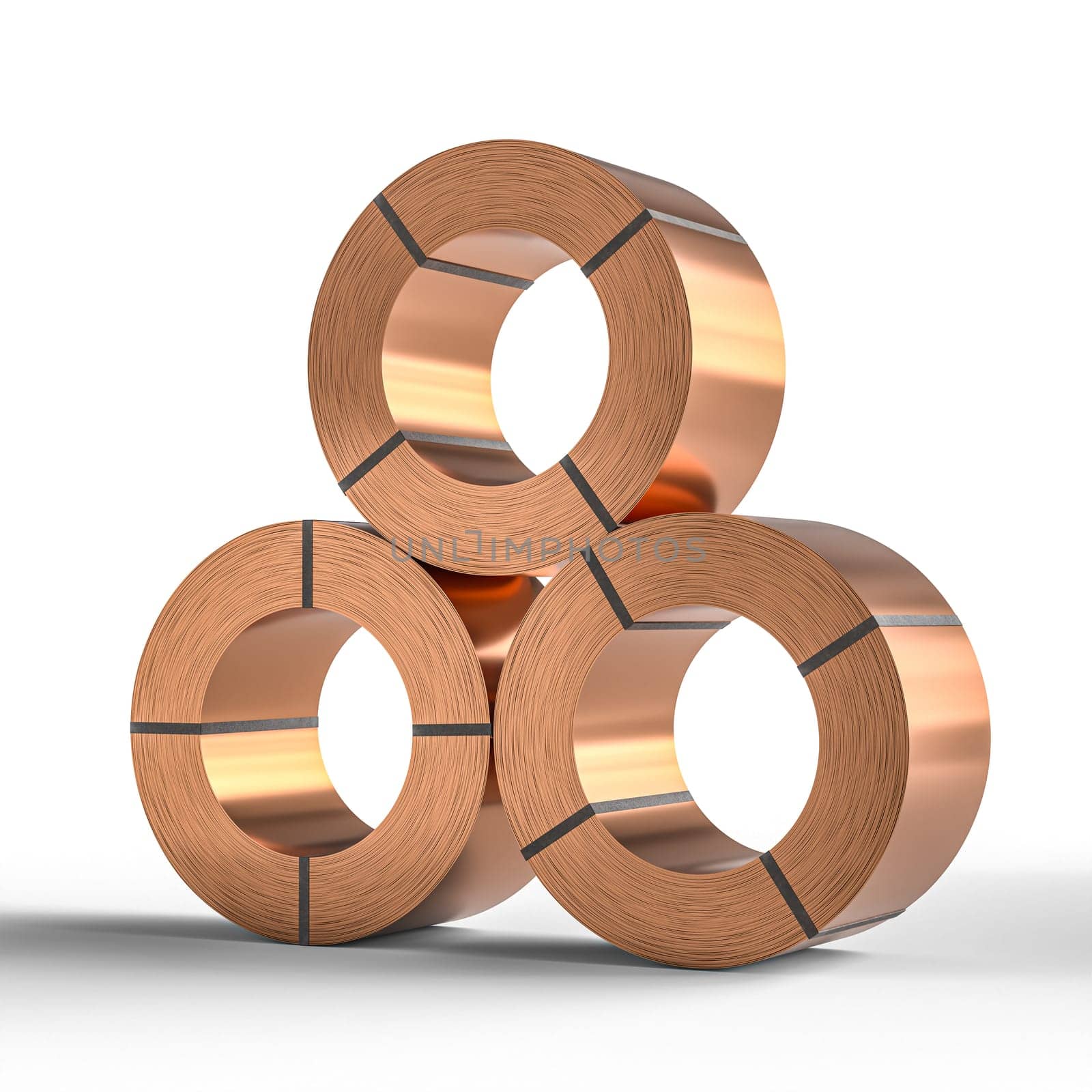 Three copper wire rolls  pyramid  on white background 3d