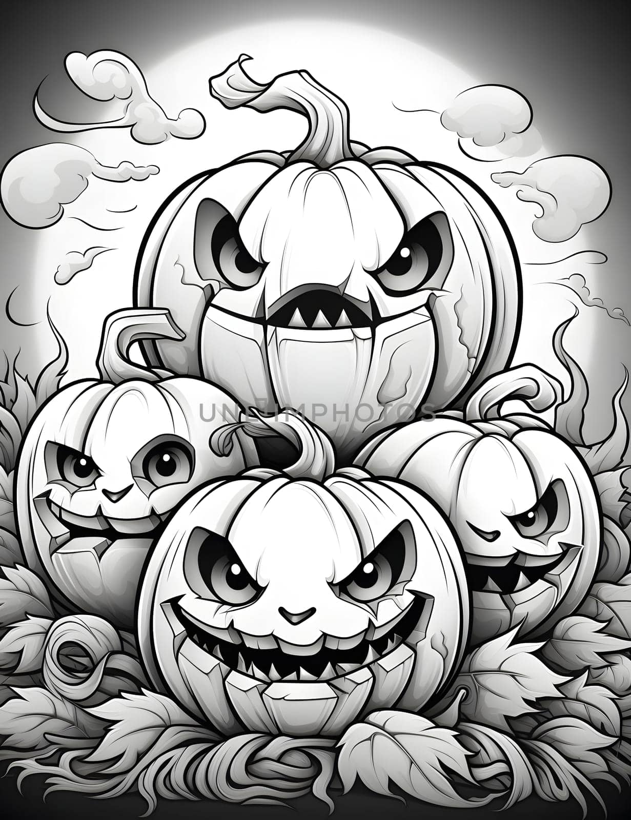 Black and white illustration of spooky jack-o-lanterns with menacing smiles, ready to celebrate Halloween.