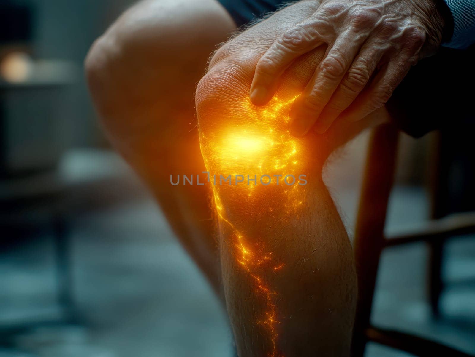 Digital composite of highlighted knee of a man with knee pain. AI generative.