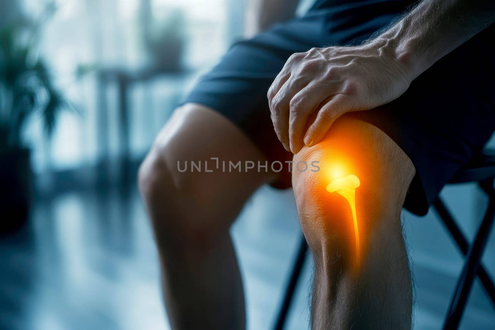 Digital composite of highlighted knee of a man with knee pain. AI generative.