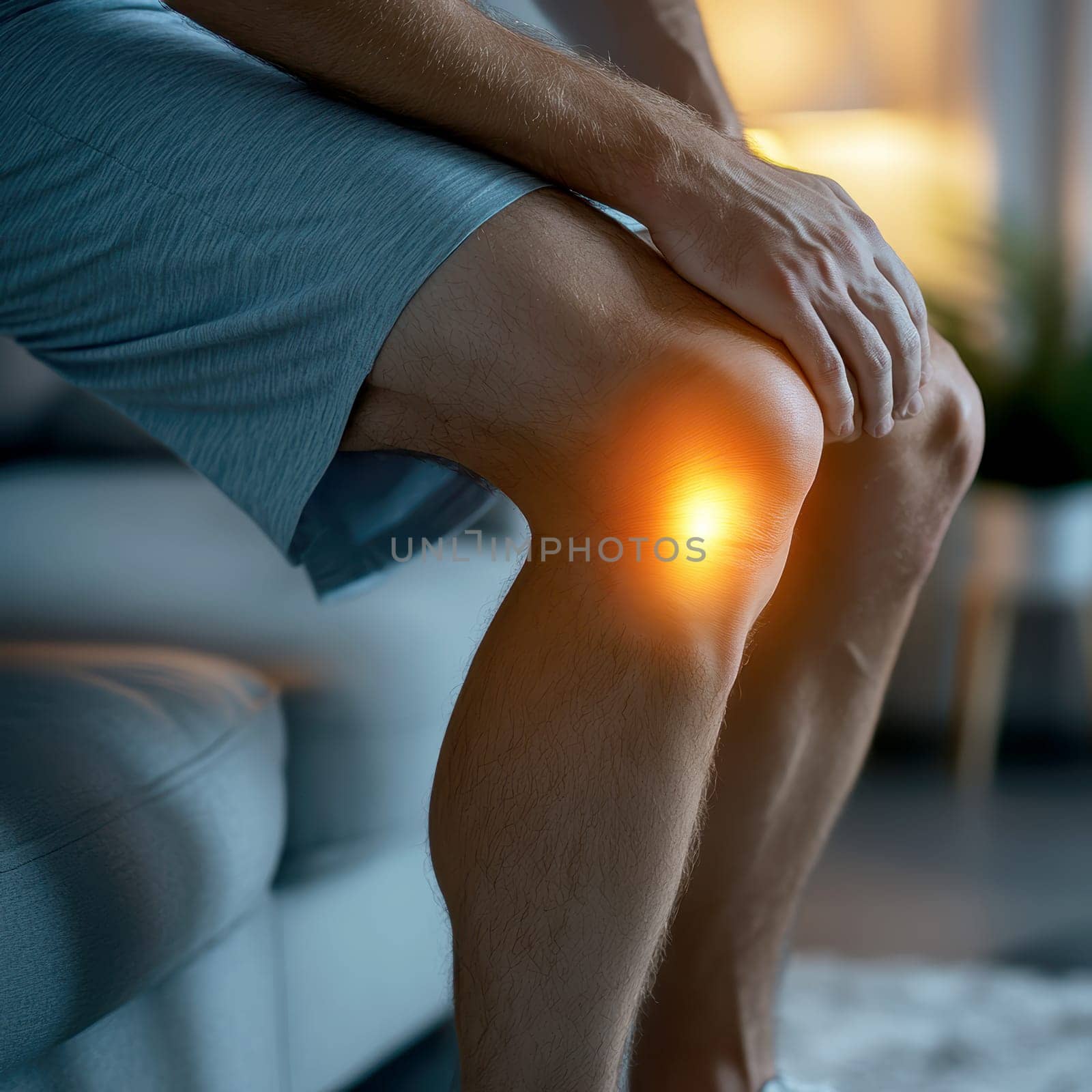 Digital composite of highlighted knee of a man with knee pain. AI generative.