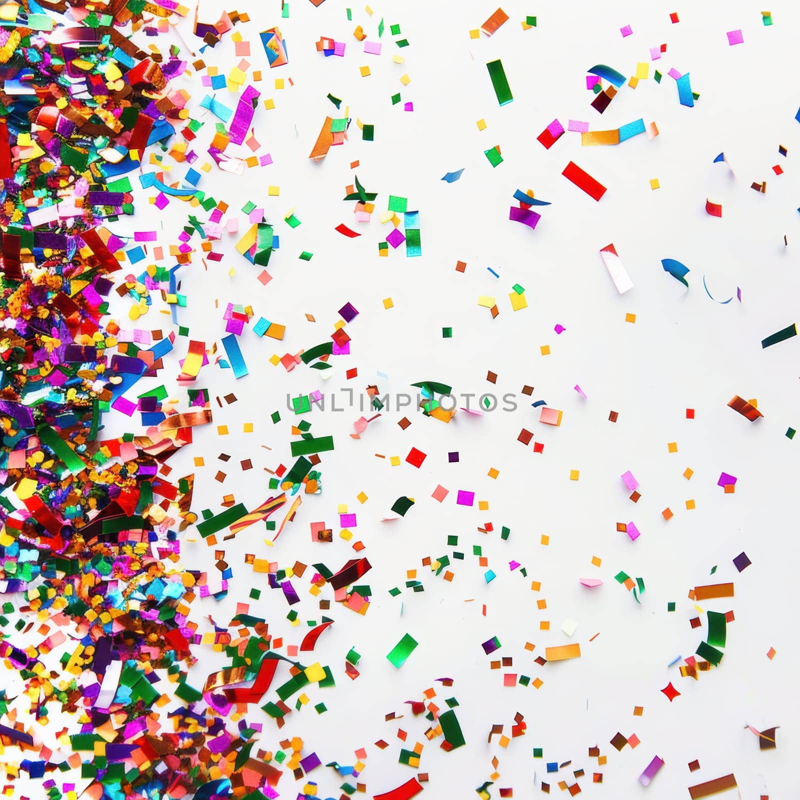 coloured confetti as a white New Year's background. AI generative.
