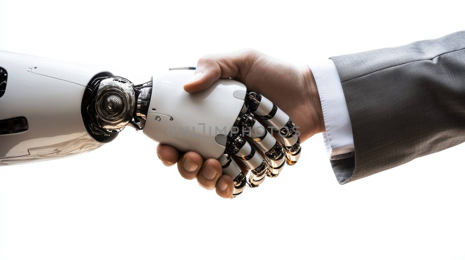 Cooperation between human and robot controlled by AI algorithms. AI generative.