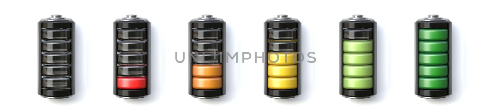 Set of battery charge indicators with charge levels 3D rendering illustration isolated on white background