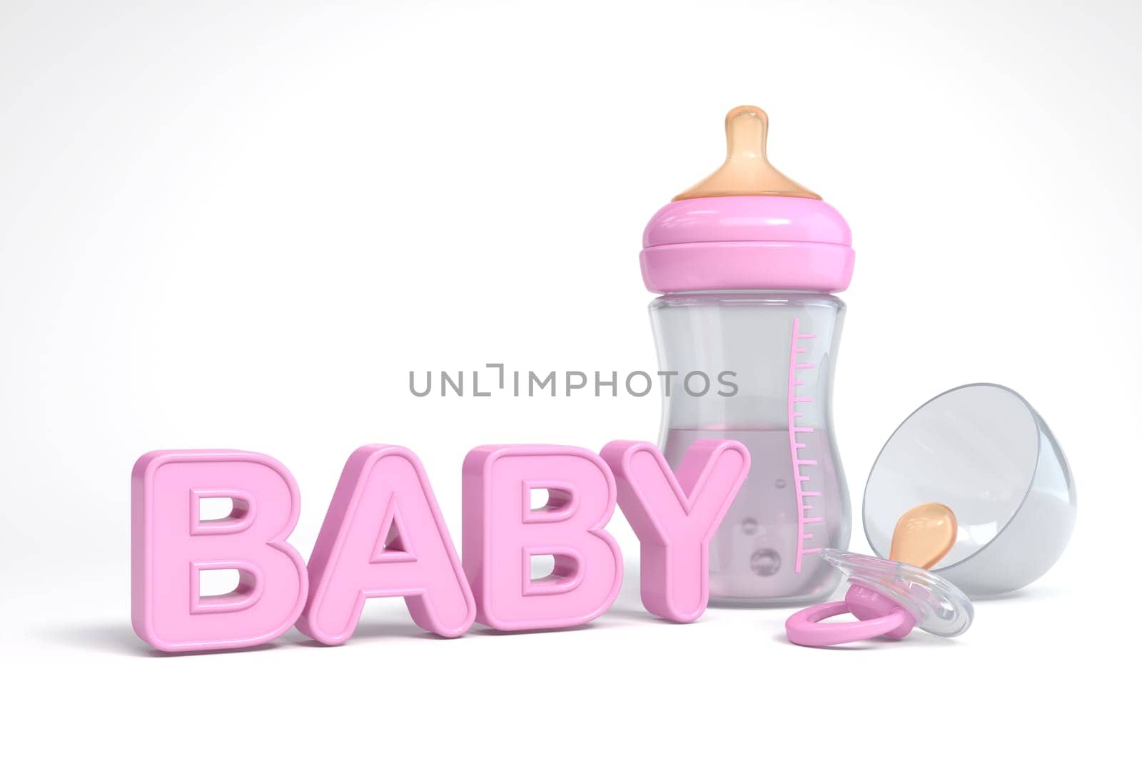 Pink baby pacifier and bottle 3D rendering illustration isolated on white background