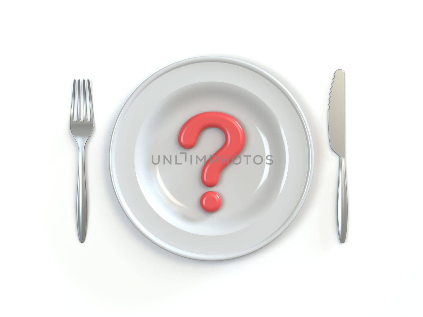 Meal time red question mark in plate 3D rendering illustration isolated on white background