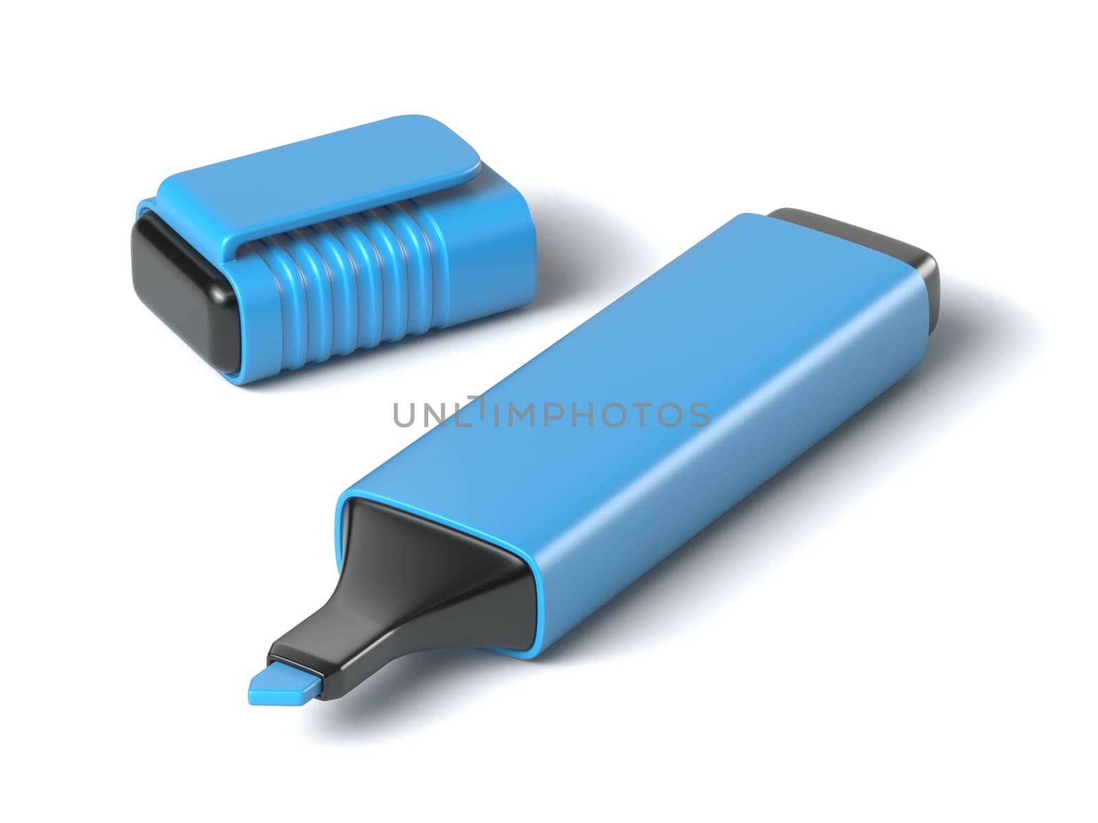 Blue highlighter pen 3D rendering illustration isolated on white background