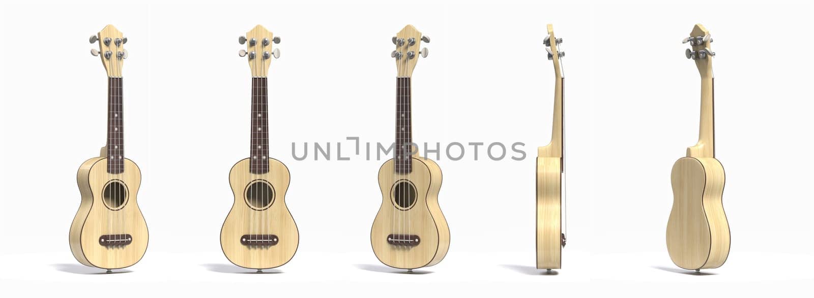 Ukulele Different viewing angles 3D rendering illustration isolated on white background