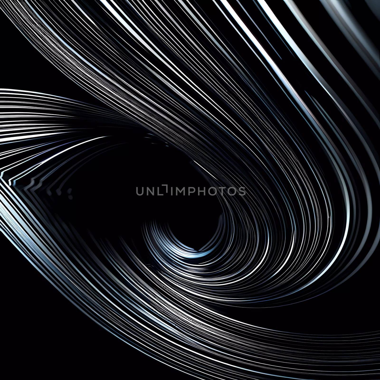 Graceful, swirling curves emerging from a dark backdrop, emphasizing fluidity and a dynamic sense of movement, inviting contemplation. Black background with smooth lines and shadows. Generative AI.