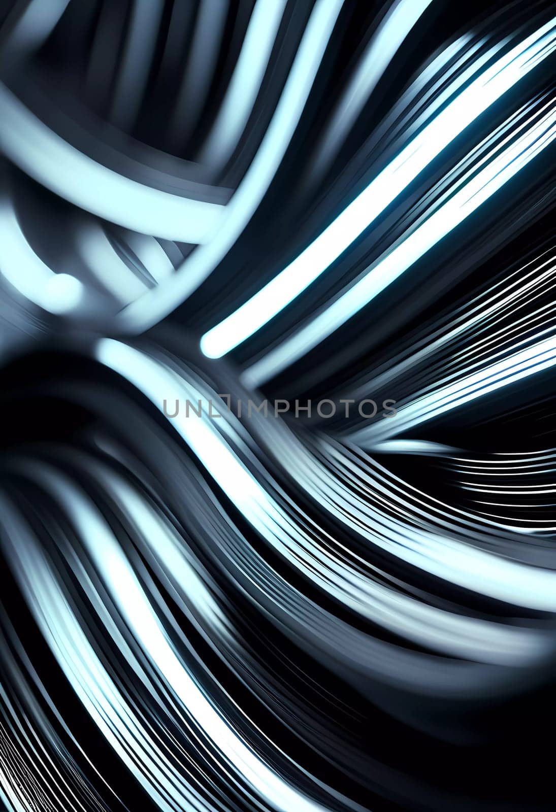 Arrangement of smooth gray lines gracefully intertwines against a soft abstract bokeh background, adding depth and allure. Composition invites the viewer to explore its fluid design. Generative AI.