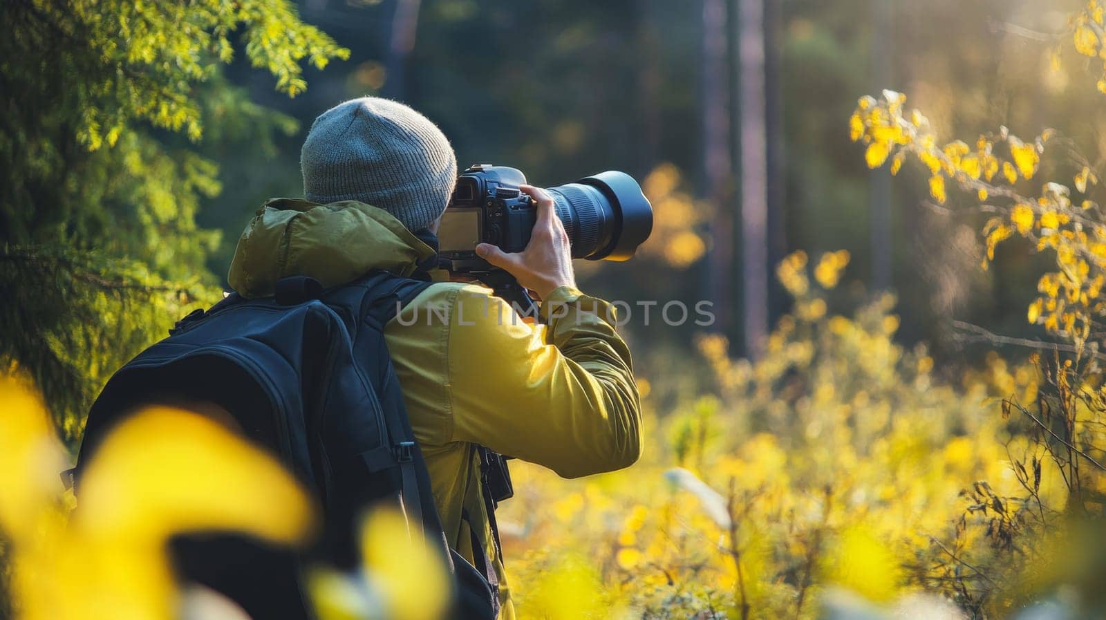 Photographer with professional camera and telephoto lens capturing spring forest scenery, surrounded by yellow flowers and fresh foliage.