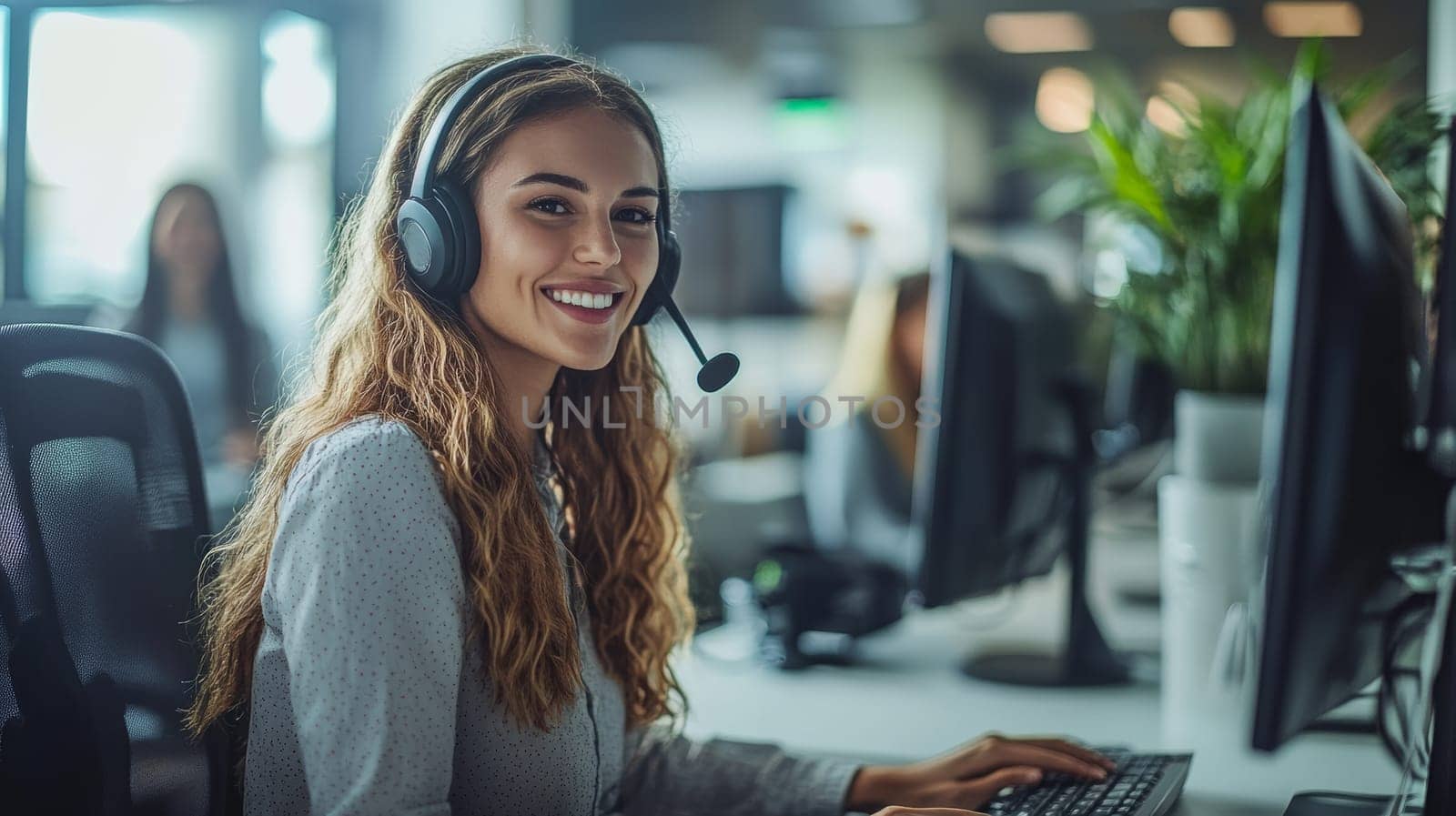 A smiling woman with curly hair wearing a headset in a bright office environment, representing warm and professional customer service.