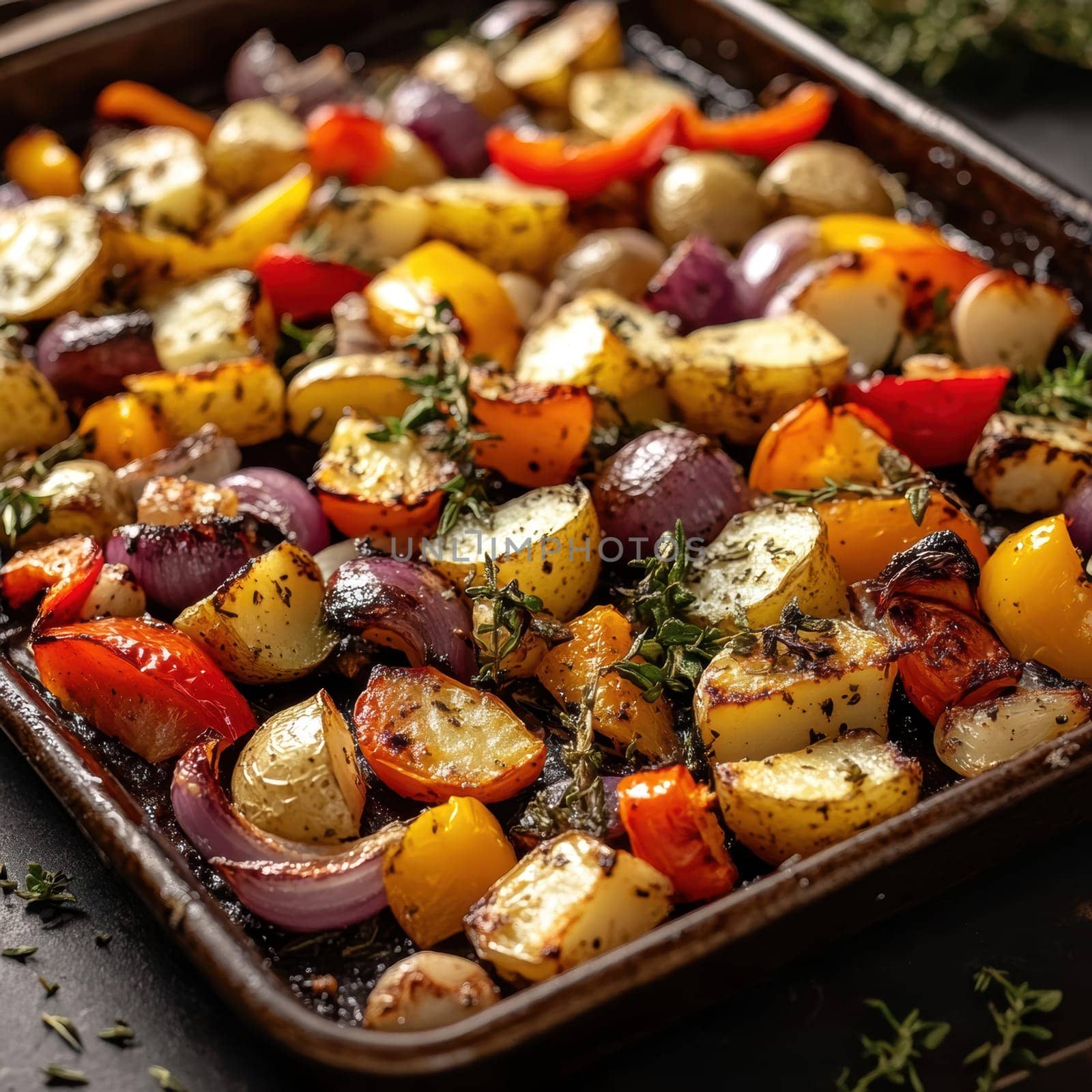 a rustic baking sheet filled with freshly roasted vegetables, including colorful peppers, onions, potatoes, zucchini and whole garlic cloves. Ai generative.