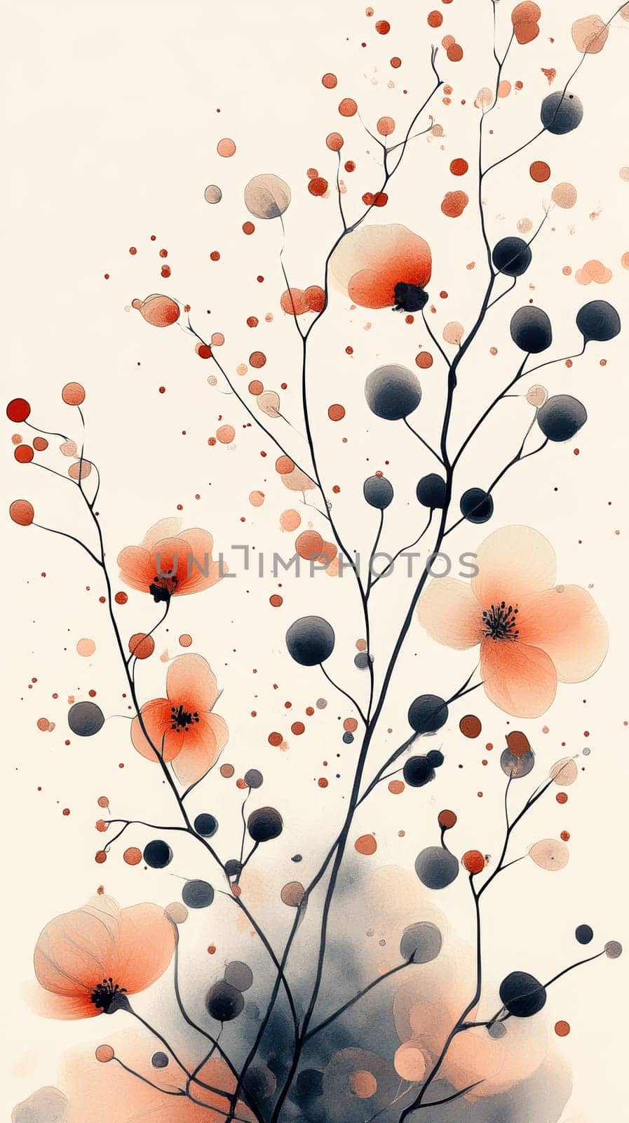 large flowers and small branches printed on top, inspired by abstract expressionist art. AI generative.