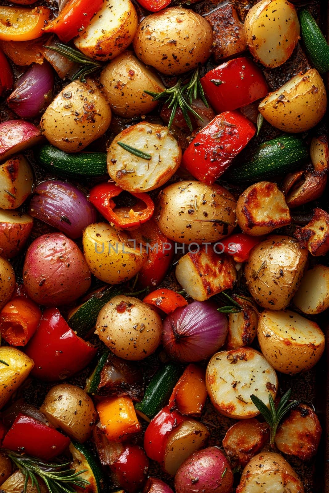 a rustic baking sheet filled with freshly roasted vegetables, including colorful peppers, onions, potatoes, zucchini and whole garlic cloves. Ai generative.