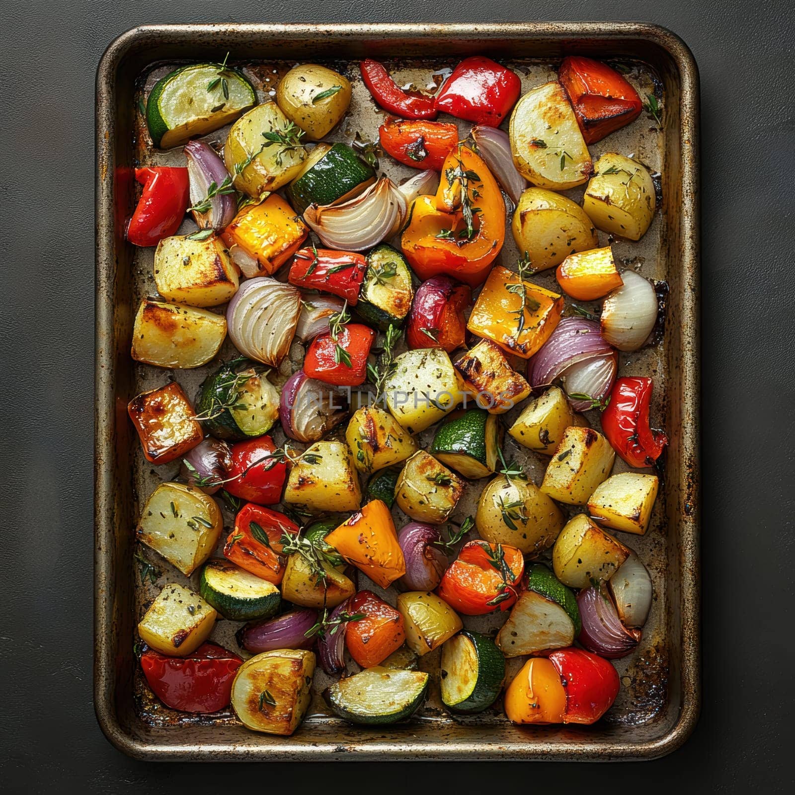 a rustic baking sheet filled with freshly roasted vegetables, including colorful peppers, onions, potatoes, zucchini and whole garlic cloves. Ai generative.
