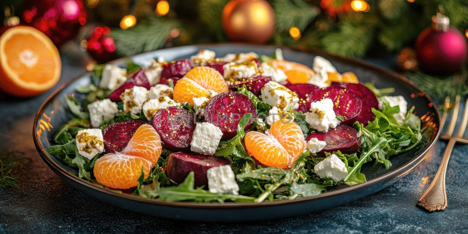 Salad with beetroot, tangerines, feta cheese and arugula,. AI generative
