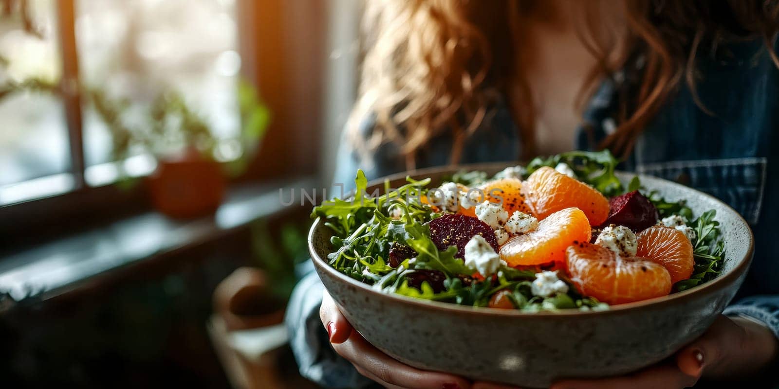 Salad with beetroot, tangerines, feta cheese and arugula,. AI generative