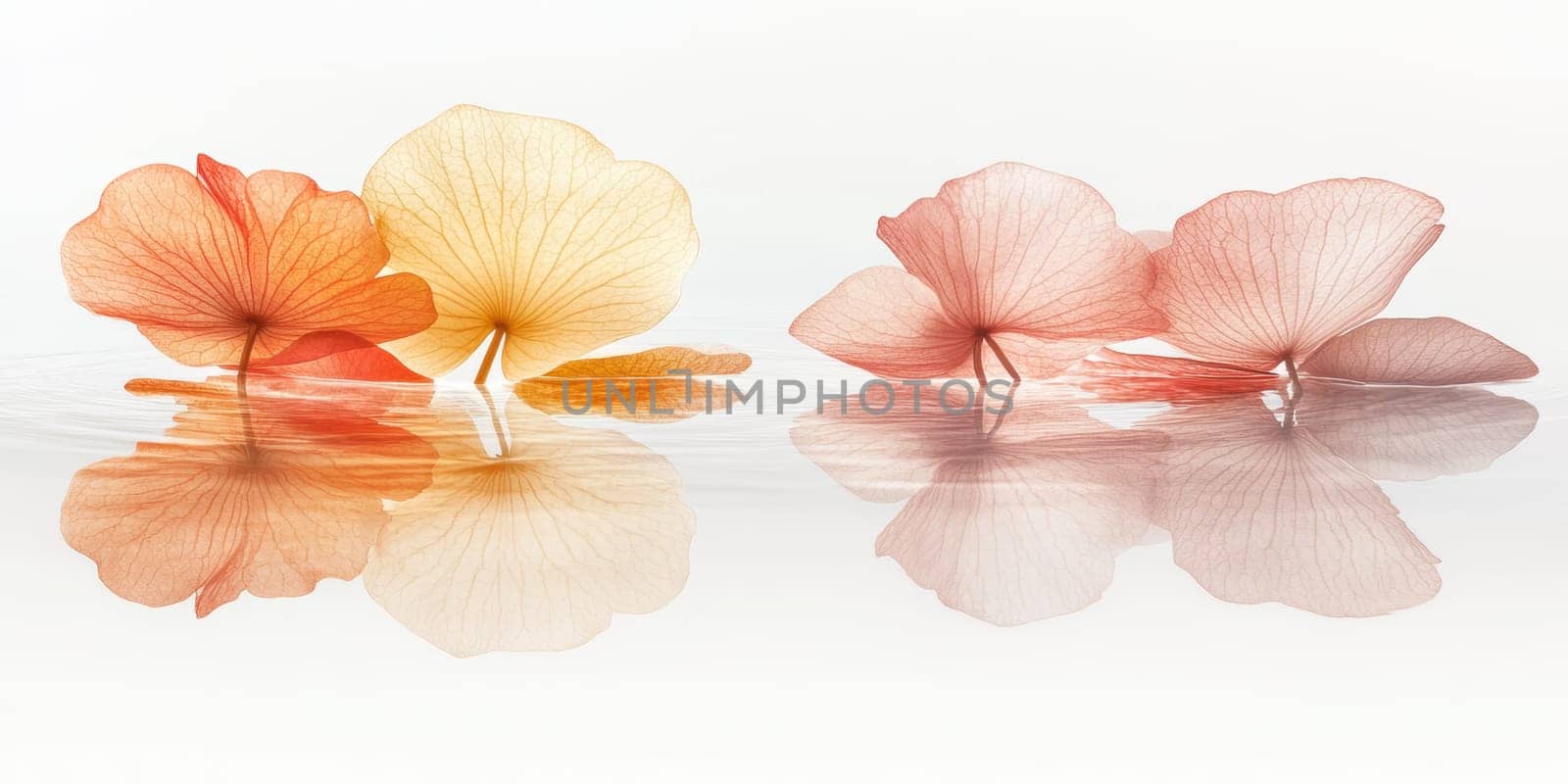Lotus leaf, water reflection, perspective aesthetics, soft gradient colors, red and yellow, minimalist image from ancient China. AI generative.