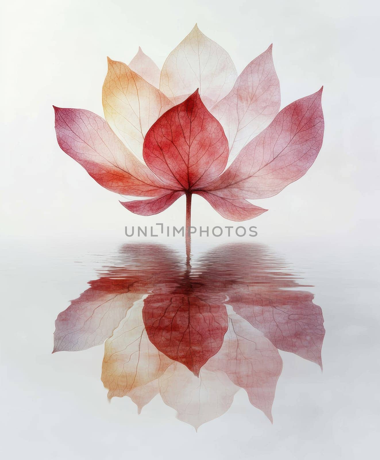 Lotus leaf, water reflection, perspective aesthetics, soft gradient colors, red and yellow, minimalist image from ancient China. AI generative.