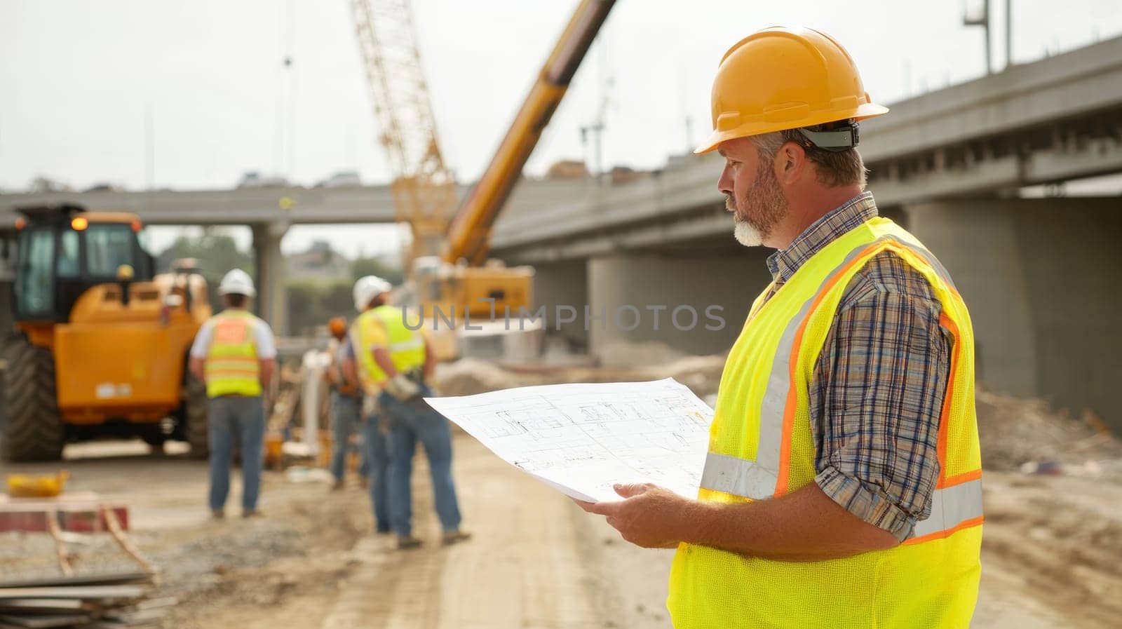 Bearded construction engineer in safety gear reviewing blueprints at a bridge construction site, with workers and heavy machinery in the background, showcasing project management.