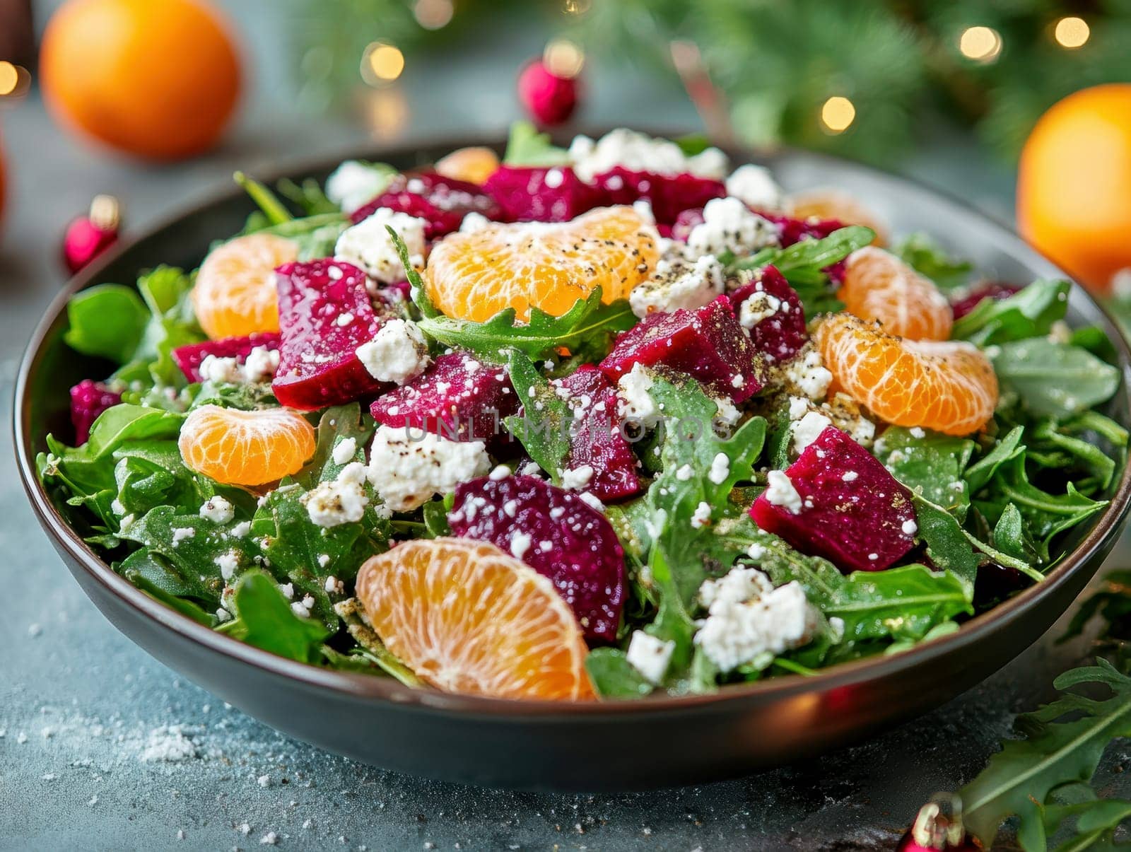 Salad with beetroot, tangerines, feta cheese and arugula,. AI generative
