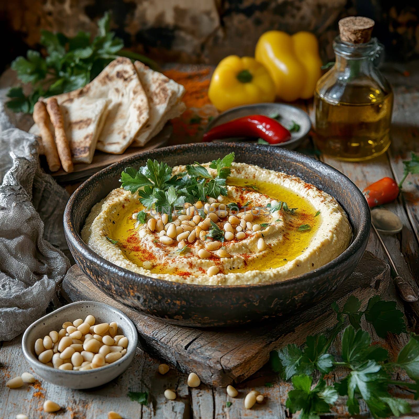rustic style, roasted garlic hummus served in bowl topped with paprika, flat parsely and roasted pine nuts, served with pita bread, sticks, bell peppers and small bowl of olive oil professional food photography. High resolution photography, Hasselblad X2D camera --chaos 20 --style raw --stylize 300 --v 6.1 Job ID: 5dd52397-57b7-4277-9b5c-37a22dda402e