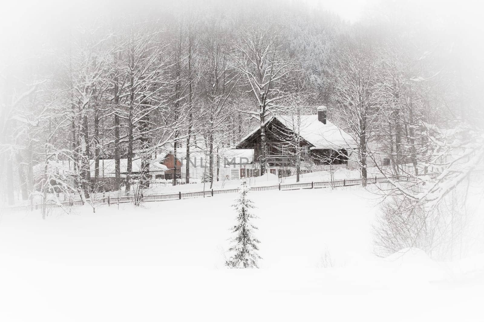 White landscape: snowy Alpine house in the woods. Toned and vignetted image as postcard
