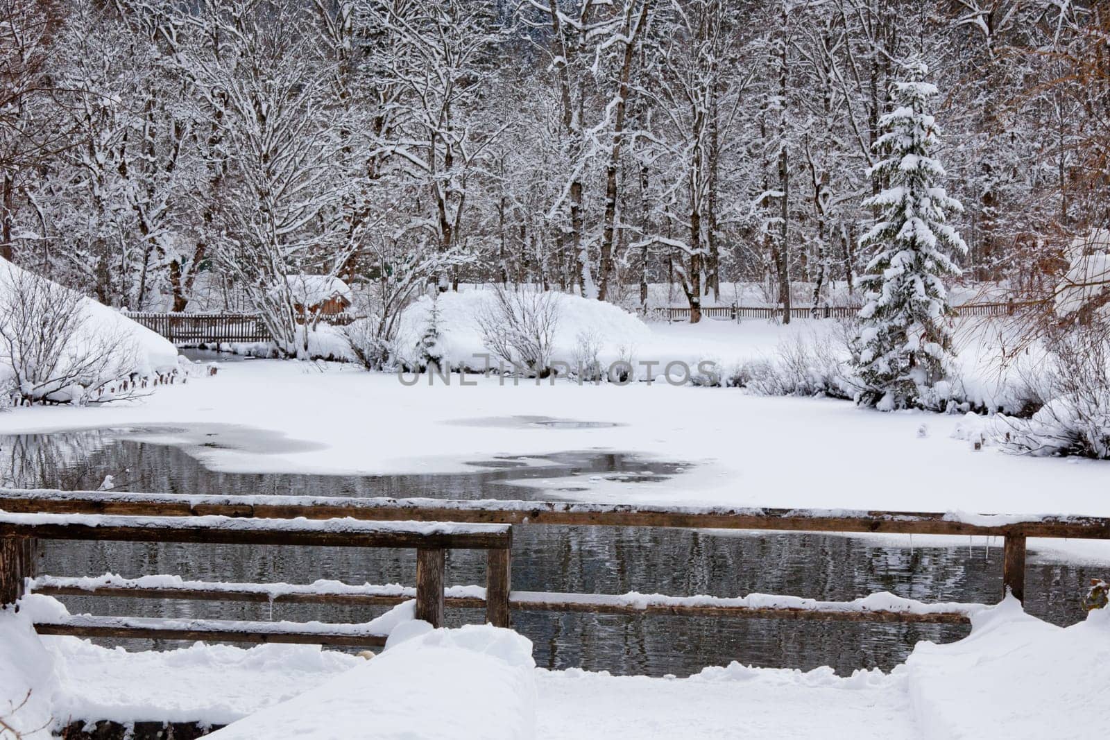 Fairy tale.ÊSnowy Alpine house and frozen river in the woods.ÊToned and vignetted image as postcard