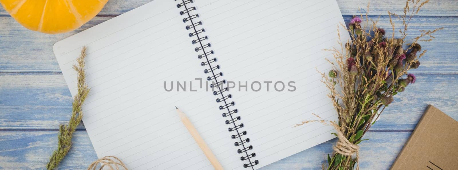 Long wide banner Top view of autumn orange pumpkins and dry flowers with grass background over blue toned wooden table with notebook mock up and copy space in rustic style