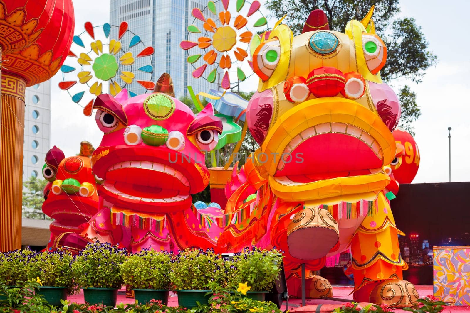 Park with traditional decoration dragon for chinese holiday. Hong Kong