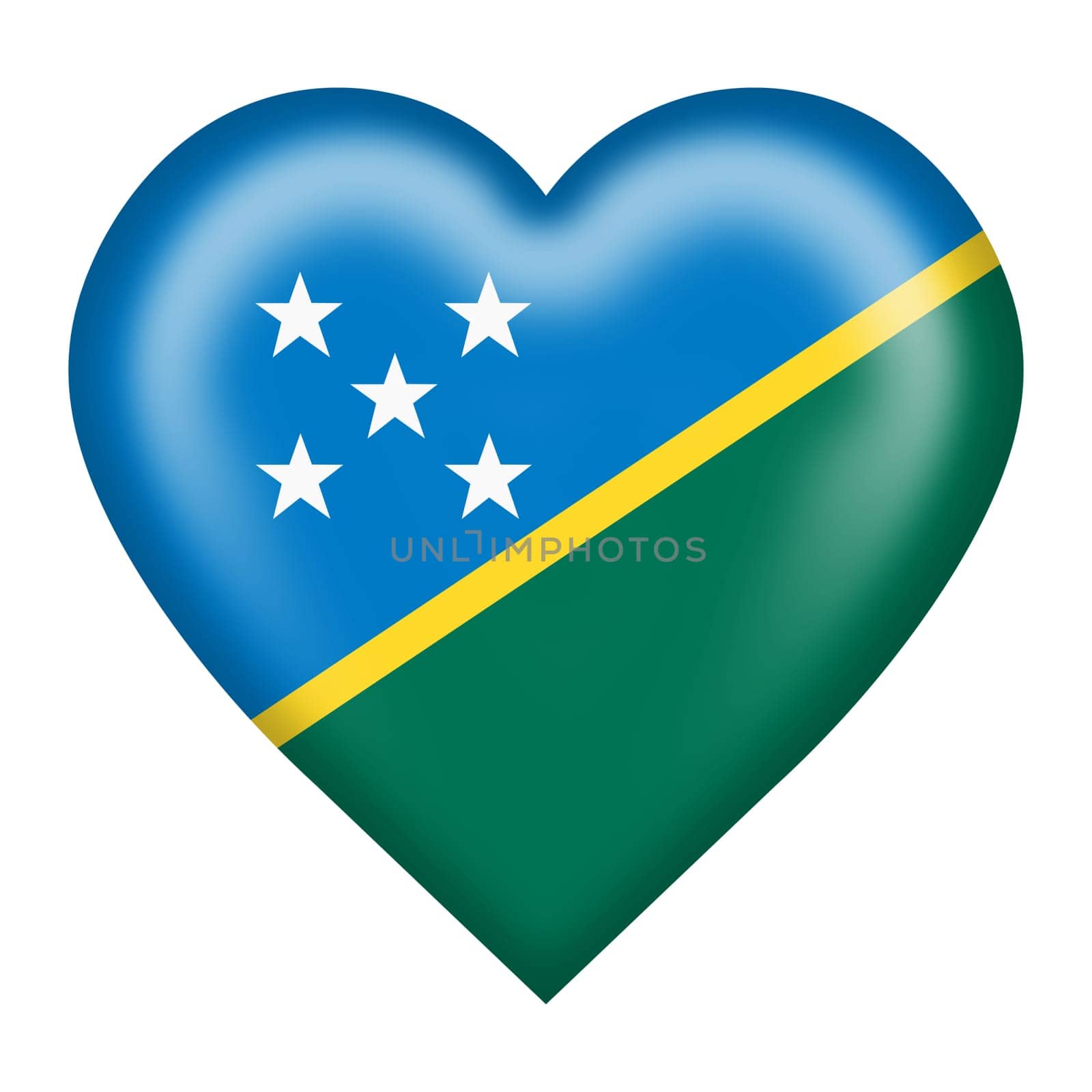 A Solomon Islands flag heart button isolated on white with clipping path 3d illustration white star blue green yellow diagonal