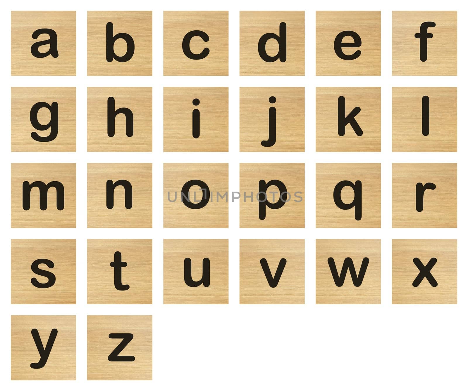 A set of lower case alphabet wood blocks on white with clipping path