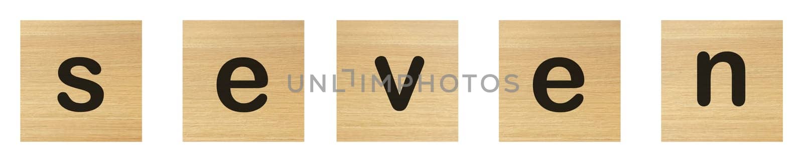 A seven word with wood blocks on white
