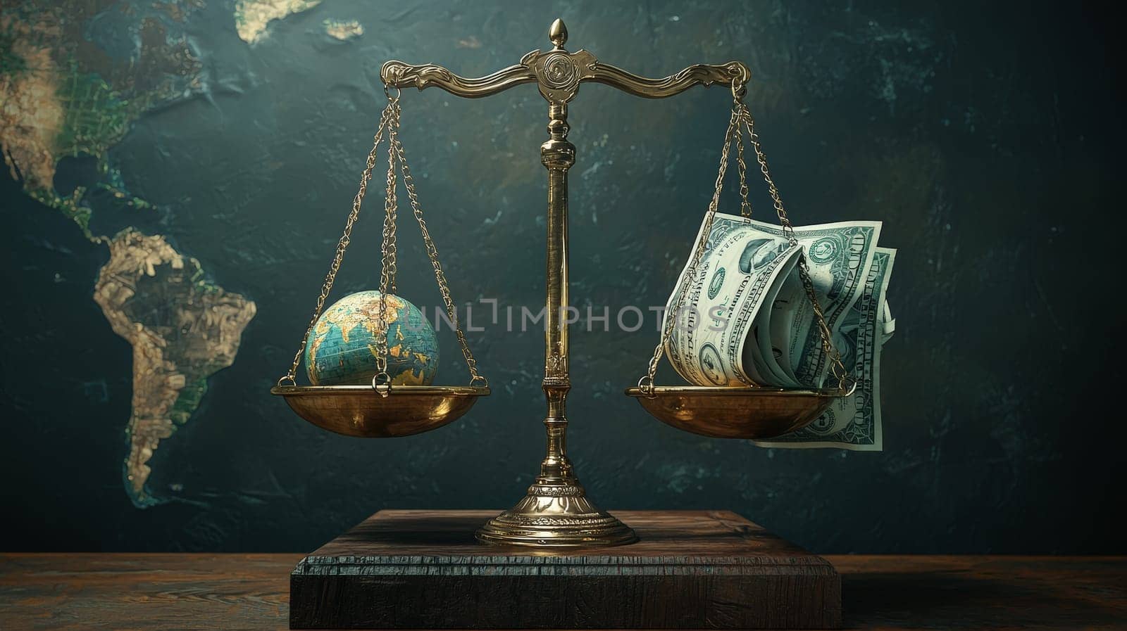 A striking visual for a presentation, featuring a traditional scale with a globe on one side and a stack of banknotes on the other. This powerful image represents the delicate balance between global sustainability and financial gain, urging reflection on the value of our planet in contrast to monetary wealth.