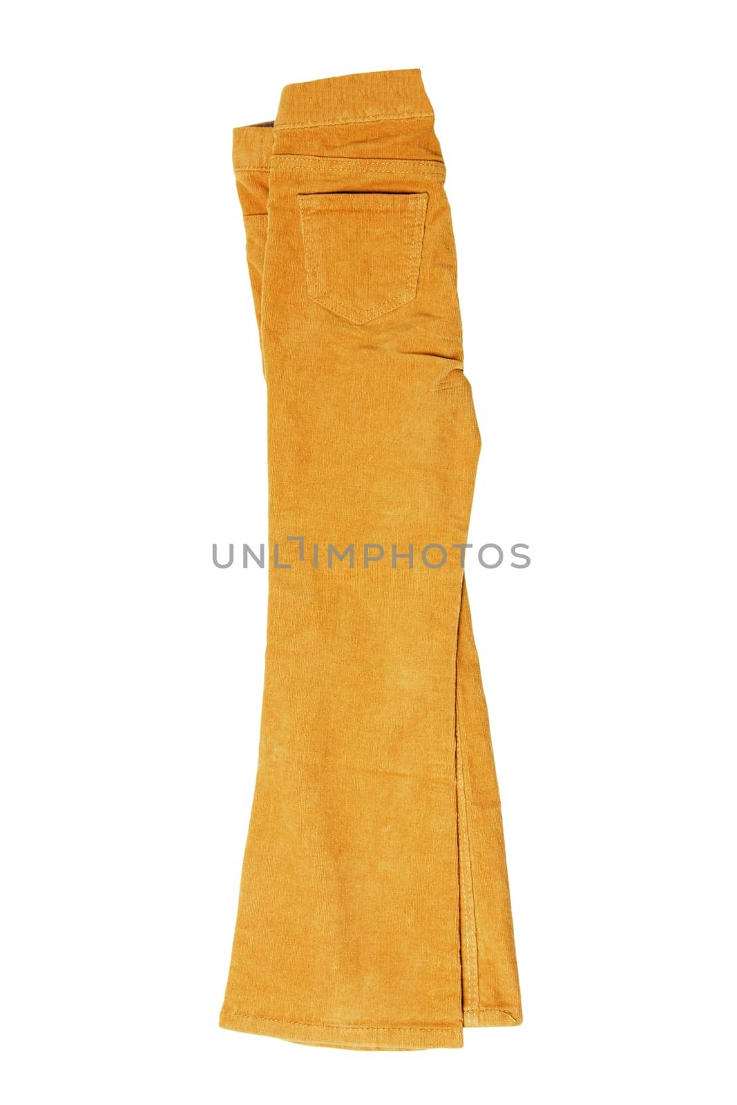 Women casual pants. Womans yellow jeans, corduroy trousers or jersey sweatpants isolated on a white background. Clipping path. Jogging outfit for workout.