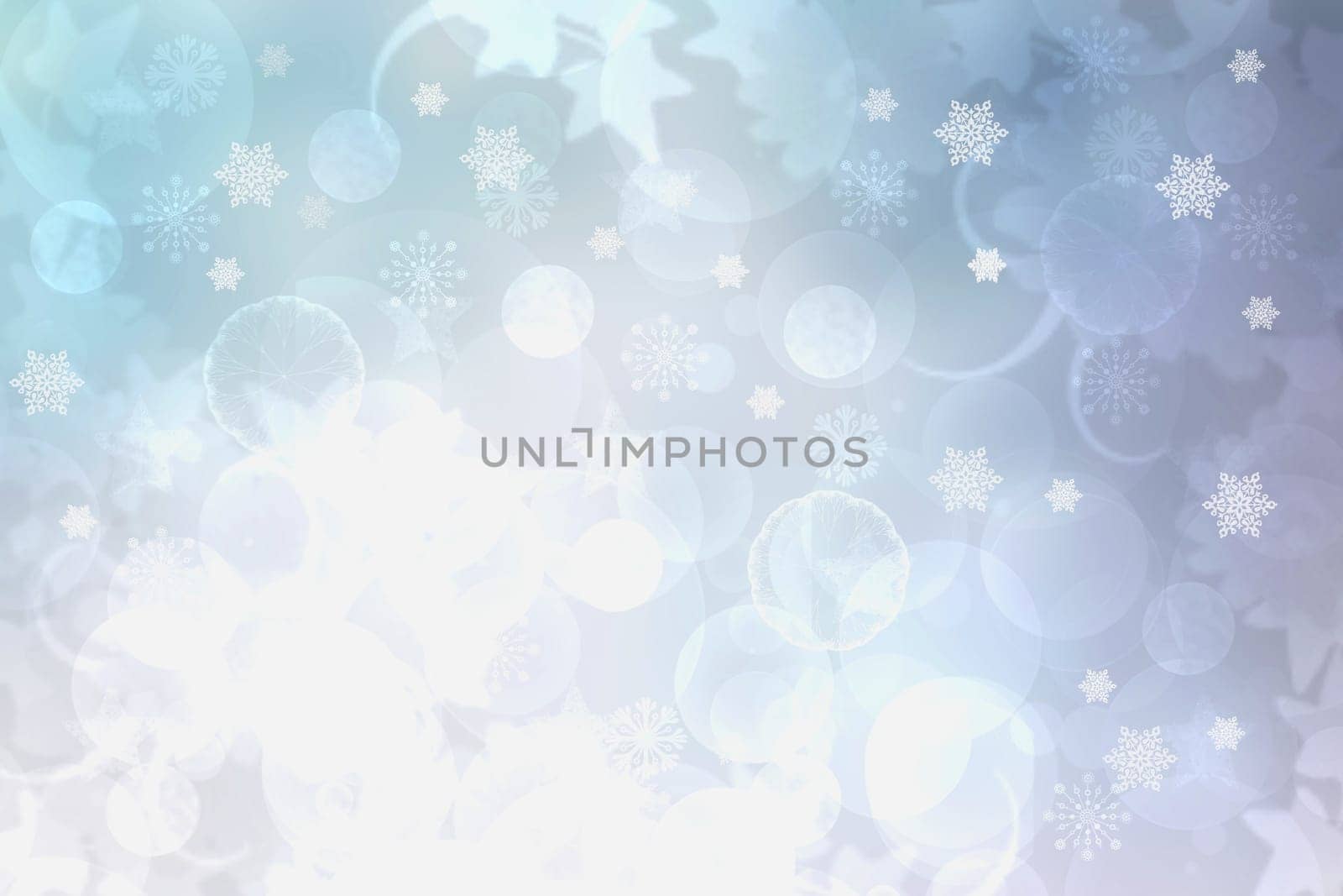 Christmas card template. Abstract festive natural blue white winter christmas background texture with blue and bokeh lighted snowflakes, stars. Beautiful card design.
