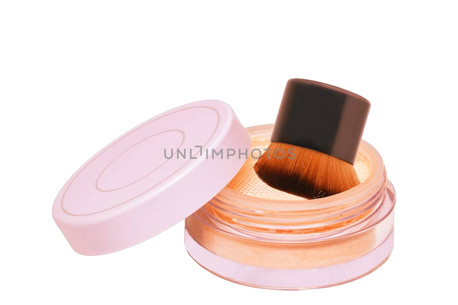 Face powder isolated. Closeup of translucent loose powder for face in a open jar isolated on white background. Concept beauty.