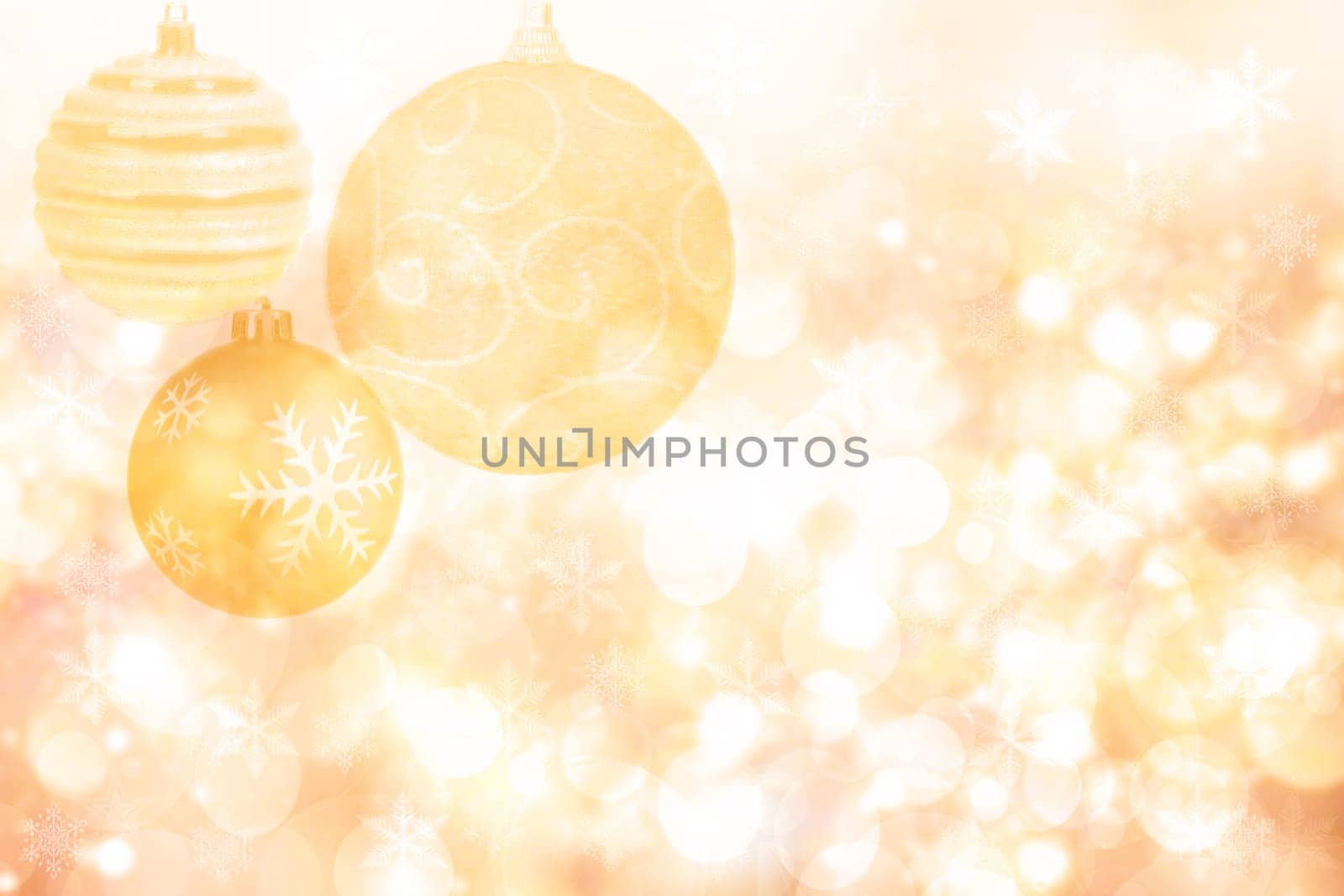 Abstract blurred festive winter christmas or Happy New Year background with shiny gold yellow bokeh lighted xmas balls and stars. Space for your design. Card concept.