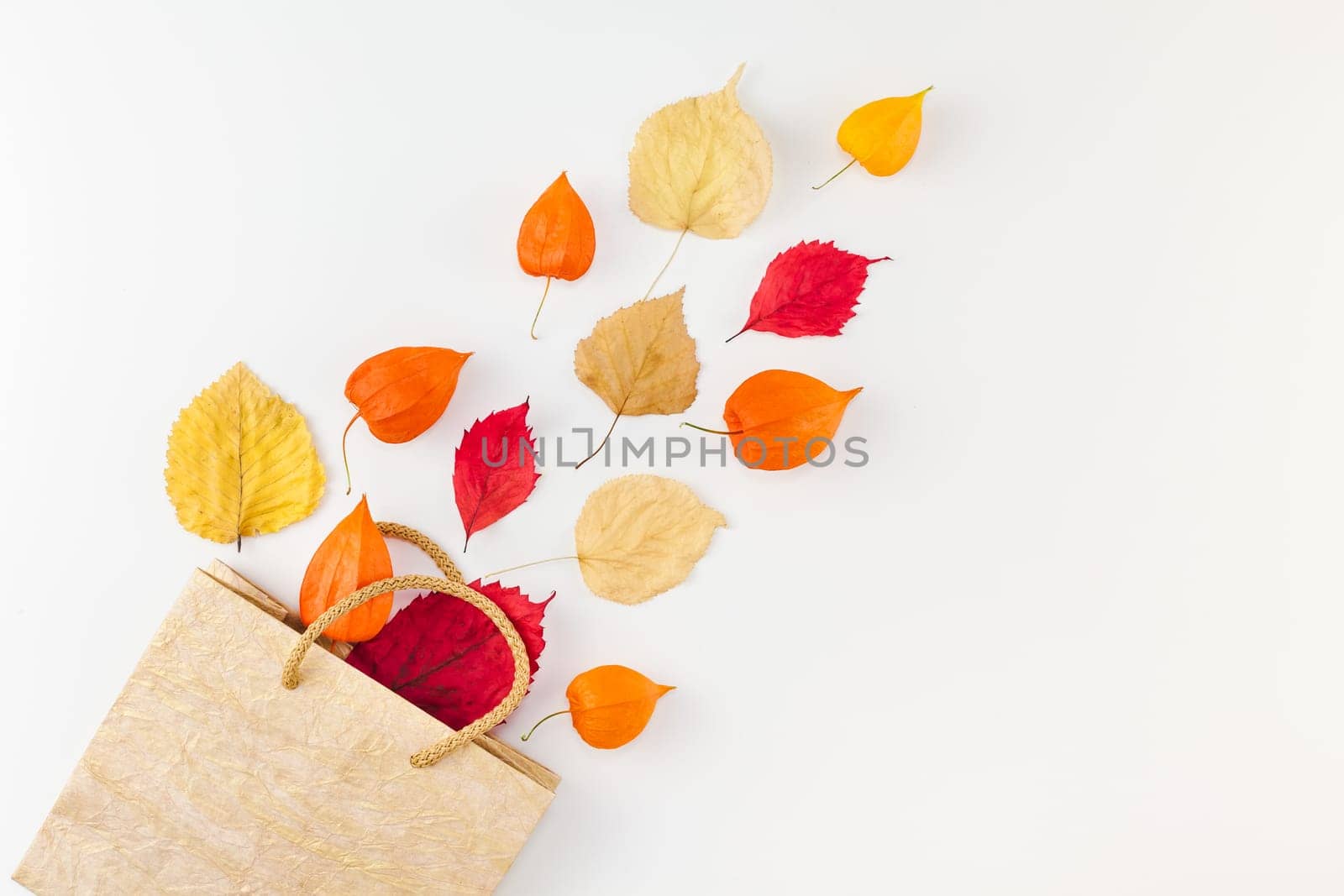 Creative Top view flat lay autumn composition Shopping bag dried orange flowers leaves background copy space Template sale mockup fall harvest thanksgiving halloween promotion flyers
