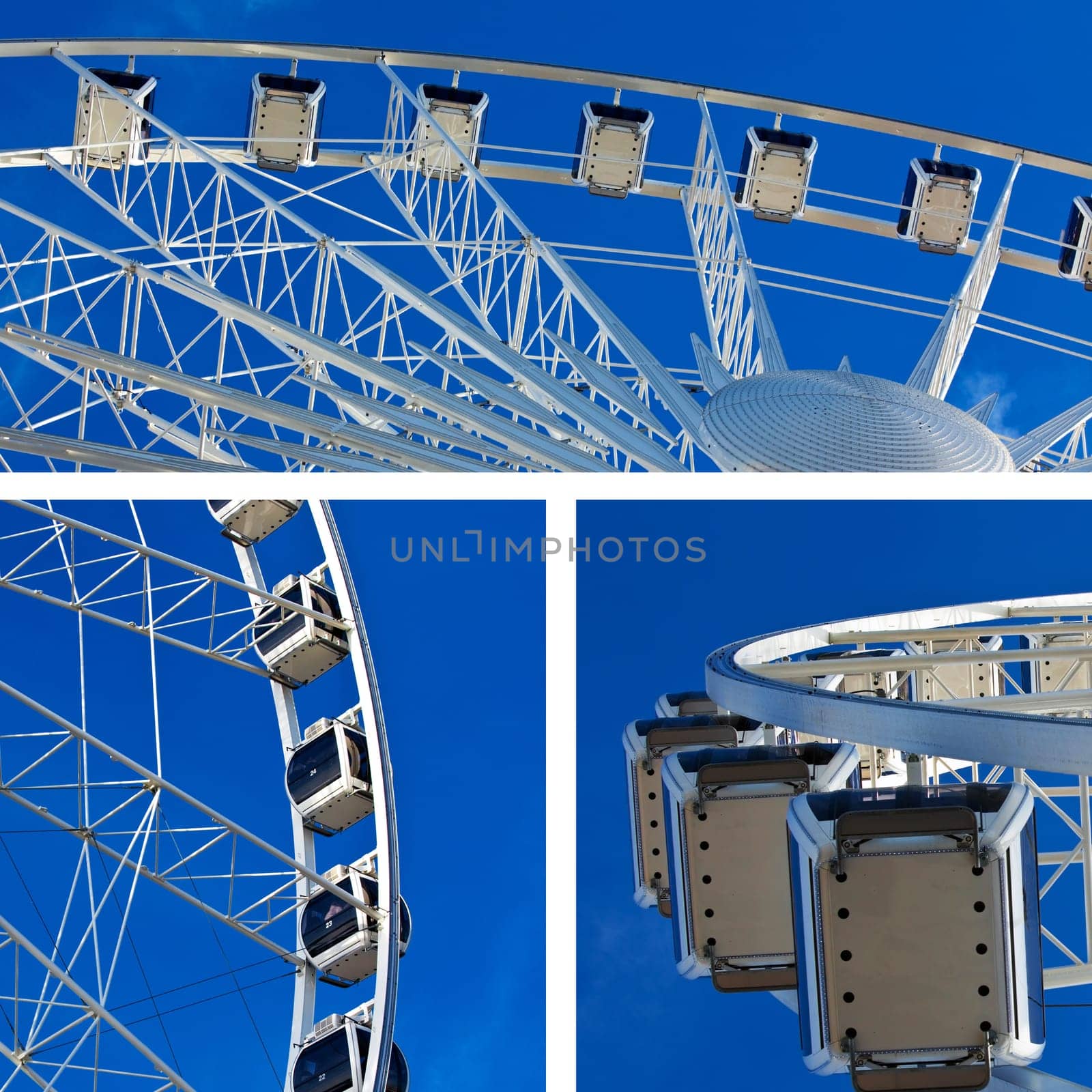 Collage of big ferris wheel on blue sky background. horizontal shot