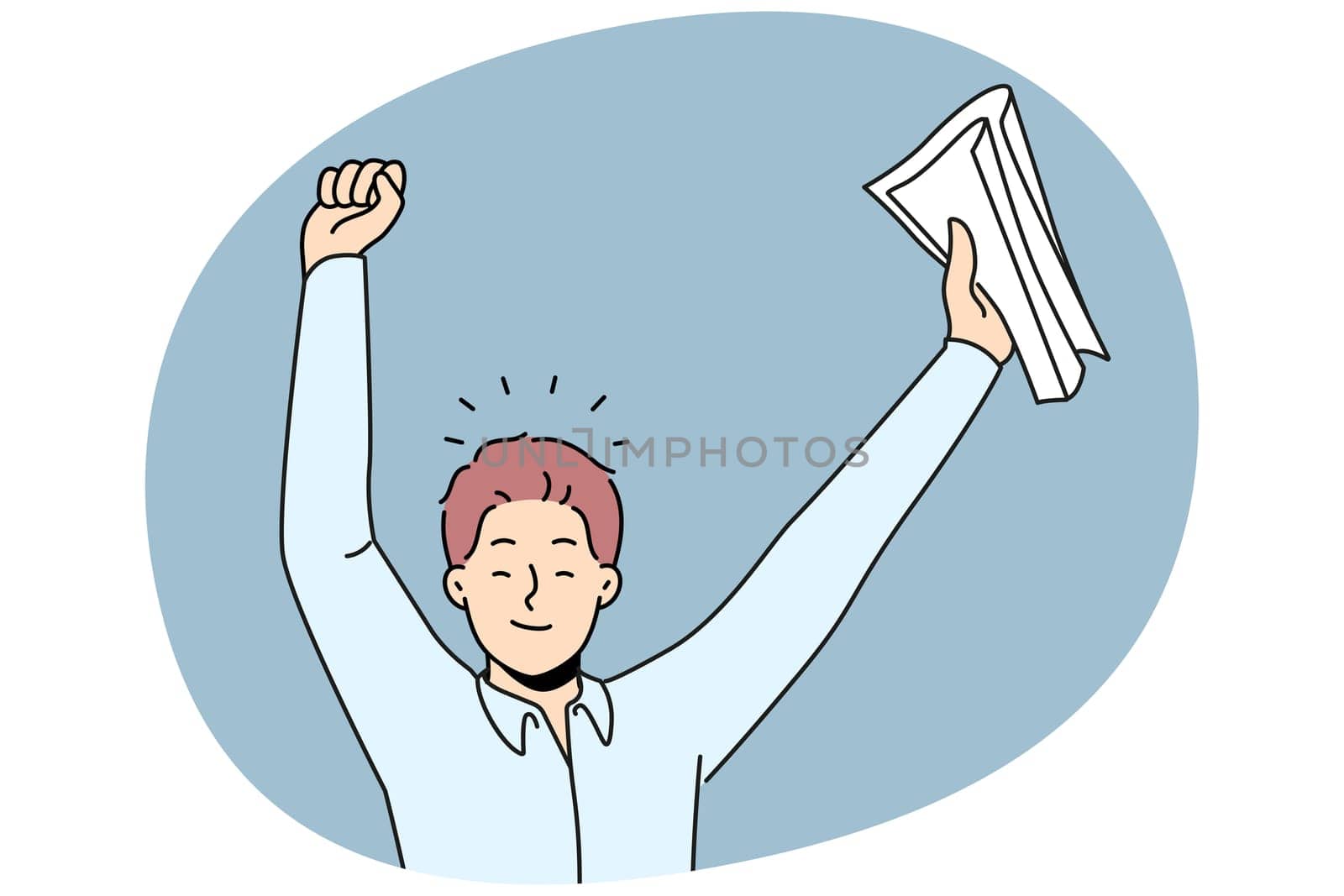 Happy businessman with papers in hands celebrating signing of successful business contract. Successful man office worker rejoice at device at vacancy with big salary and free insurance.
