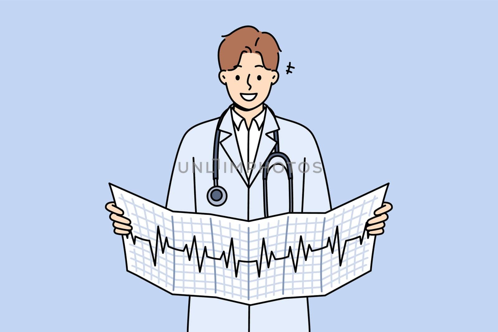 Man cardiologist holds result of ecg analysis and smiles, standing in white coat with stethoscope around neck. Cardiologist looks for symptoms of disease by observing rhythm of patient heartbeat