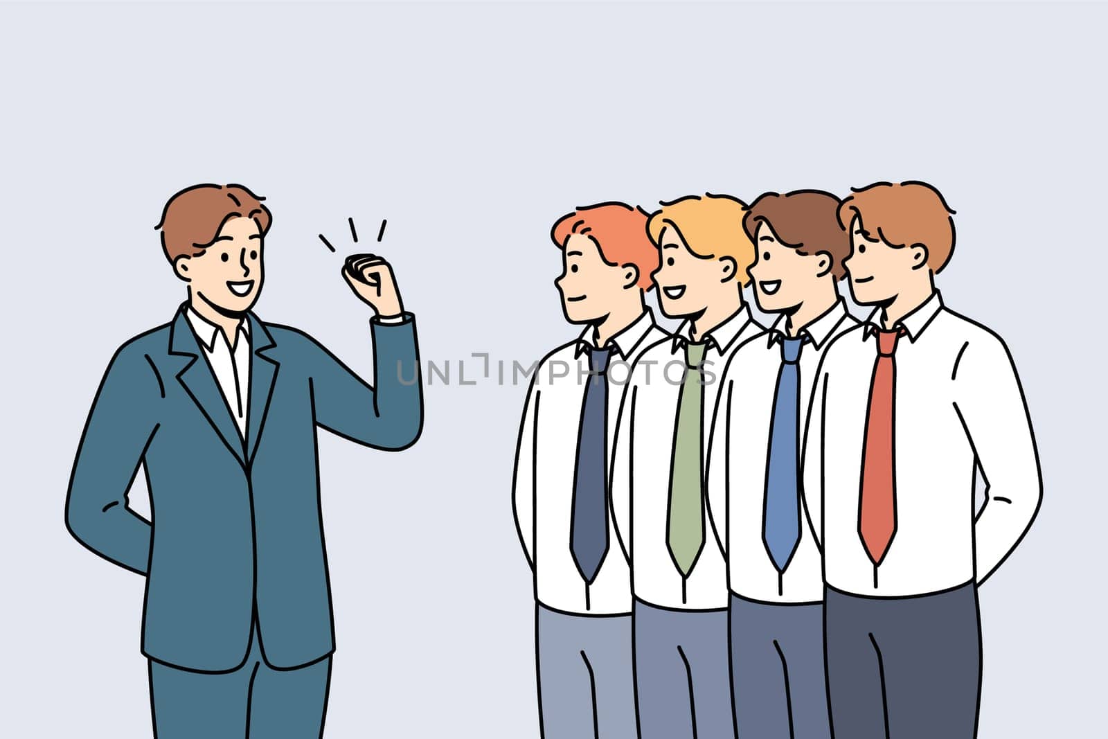 Business man leader gives motivational speech to team of office clerks standing in row. Manager with leadership qualities conducts motivational training for colleagues to increase productivity