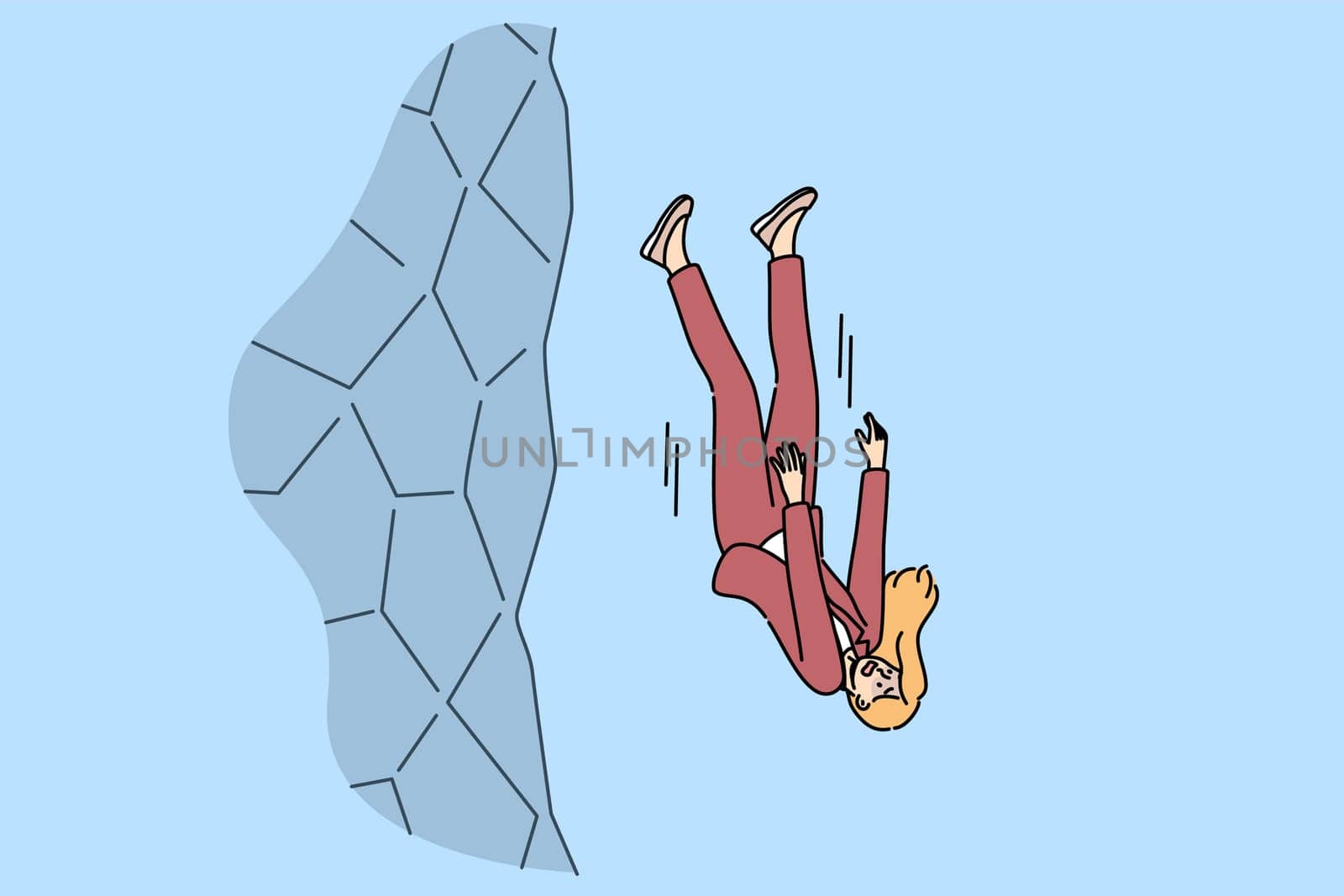 Failure of business woman falling off cliff due to risky investments and lack of insurance protection. Failure for businesswoman lost everything and risked life to receive excess profits from company