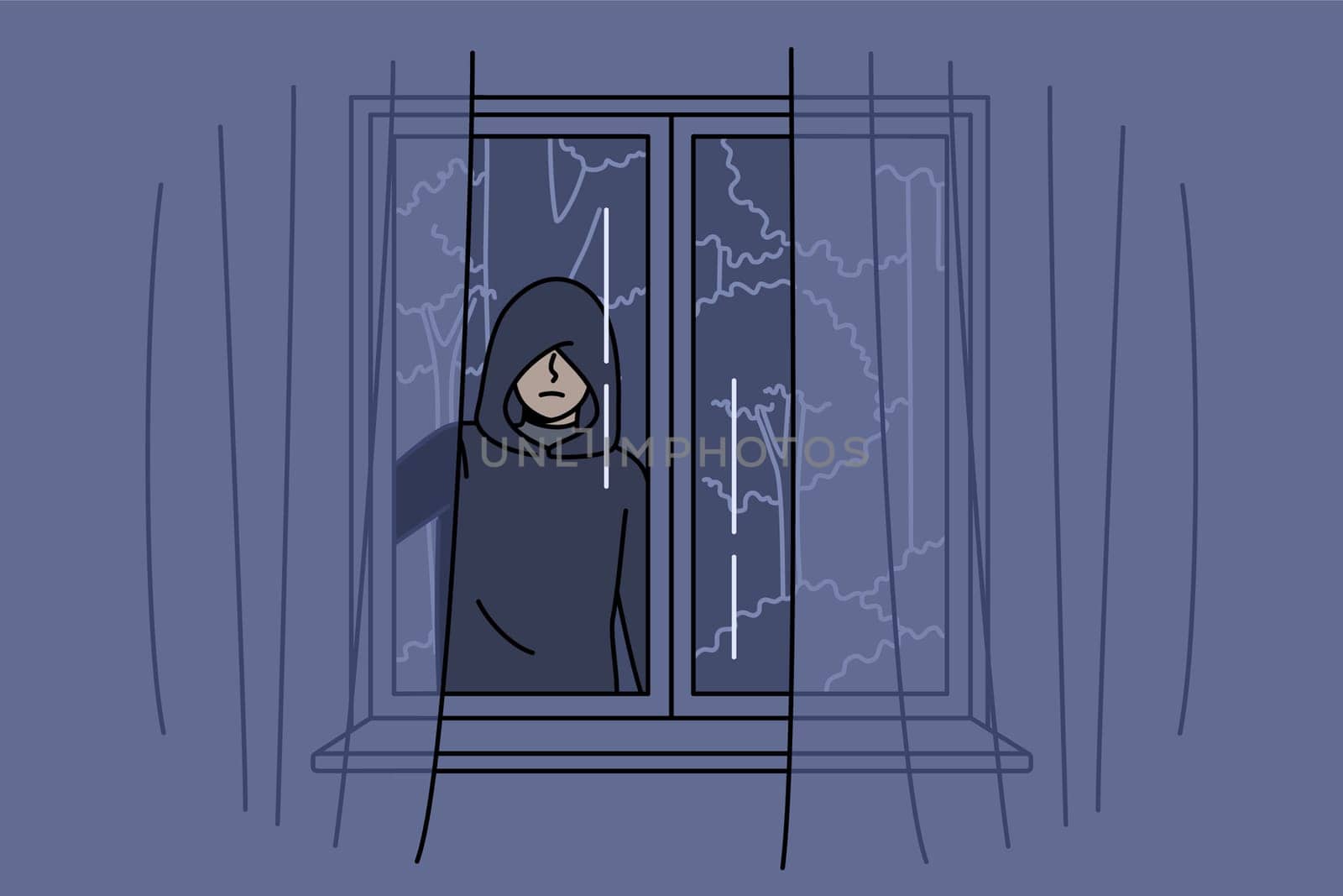 Stalker peers out of apartment window at night, causing fear due to violation of personal space. Stalker follows victim to commit crimes or find out secret information using deceptive methods.