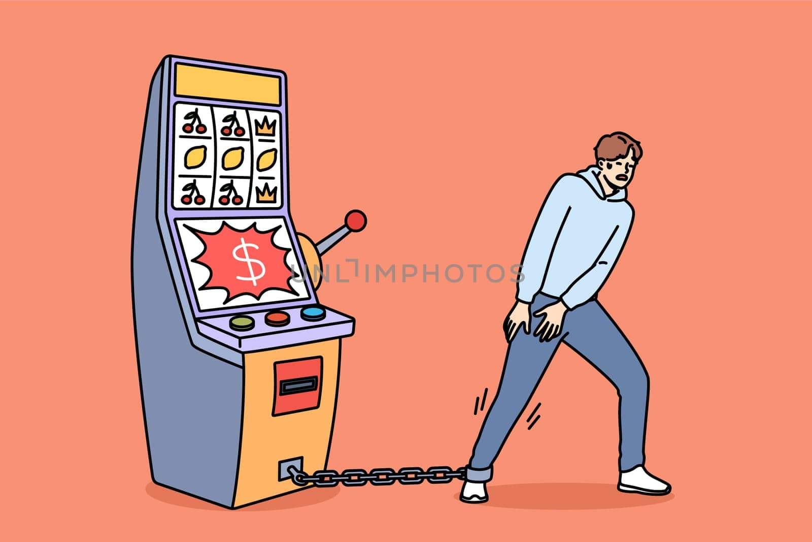 Gambling addiction of man tied with chain to slot machine made guy hostage to casino. Unhappy young human suffers from digital addiction and cannot free himself from passions to excitement
